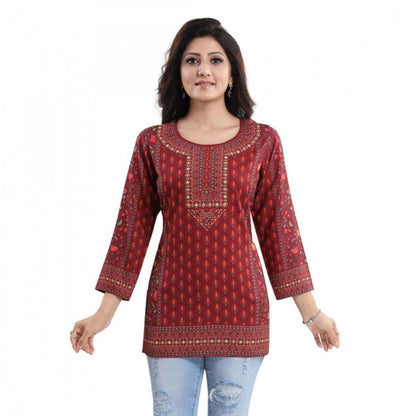 PKRKART Women's Quarter Sleeve Faux Crepe Printed Short Kurti Tunic Top (Color:Red)