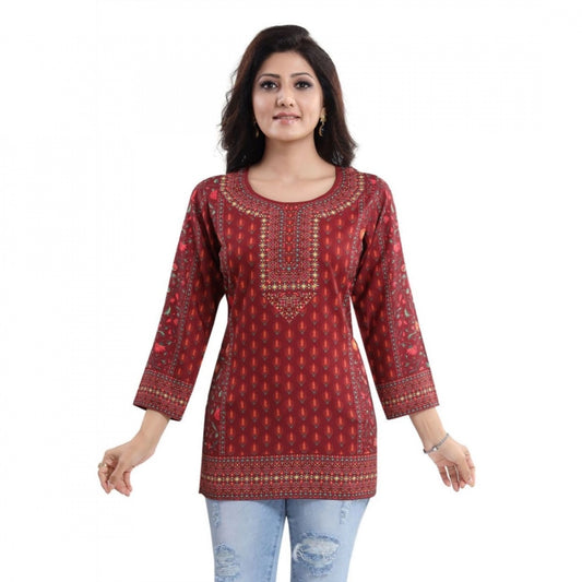 PKRKART Women's Quarter Sleeve Faux Crepe Printed Short Kurti Tunic Top (Color:Red)