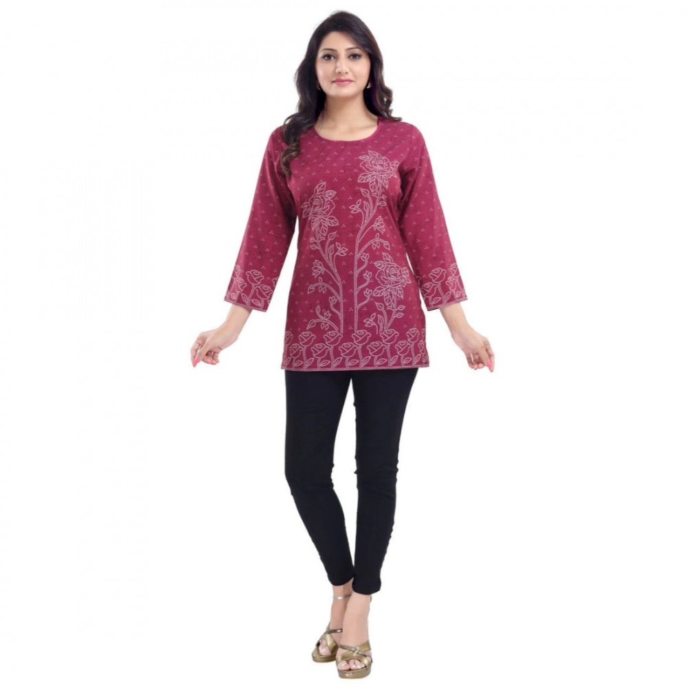 PKRKART Women's Quarter Sleeve Faux Crepe Printed Short Kurti Tunic Top (Color:Magenta)