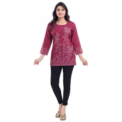 PKRKART Women's Quarter Sleeve Faux Crepe Printed Short Kurti Tunic Top (Color:Magenta)