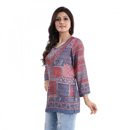 PKRKART Women's Quarter Sleeve Faux Crepe Printed Short Kurti Tunic Top (Color:Multicolor)