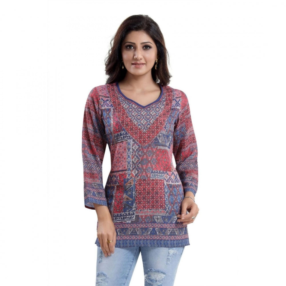 PKRKART Women's Quarter Sleeve Faux Crepe Printed Short Kurti Tunic Top (Color:Multicolor)
