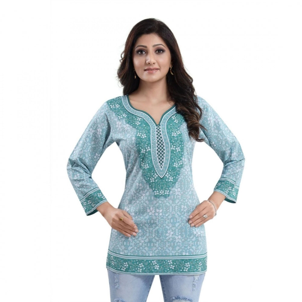 PKRKART Women's Quarter Sleeve Faux Crepe Printed Short Kurti Tunic Top (Color:Blue)
