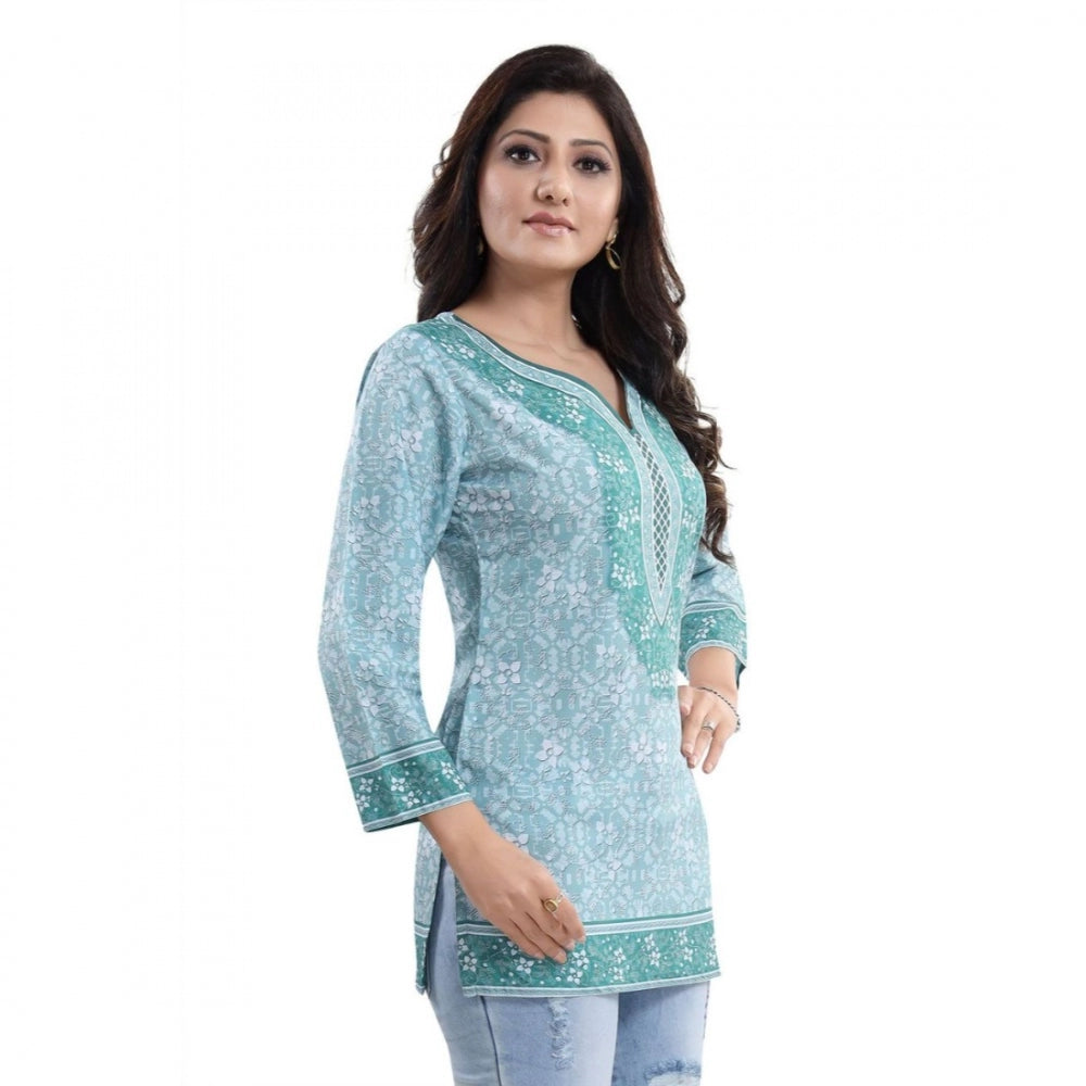 PKRKART Women's Quarter Sleeve Faux Crepe Printed Short Kurti Tunic Top (Color:Blue)