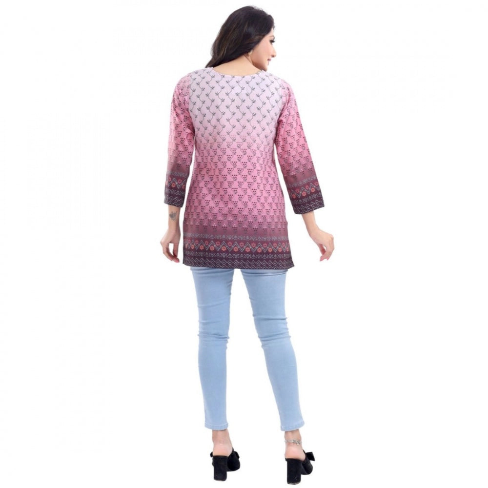 PKRKART Women's Quarter Sleeve Faux Crepe Printed Short Kurti Tunic Top (Color:Pink)