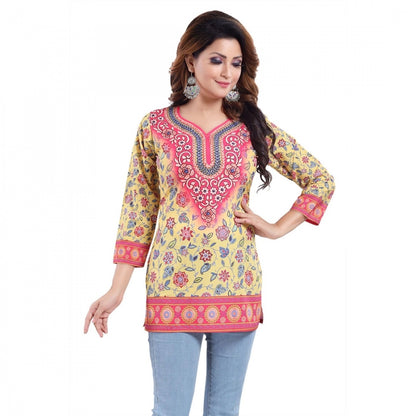 PKRKART Women's Quarter Sleeve Faux Crepe Printed Short Kurti Tunic Top (Color:Yellow)