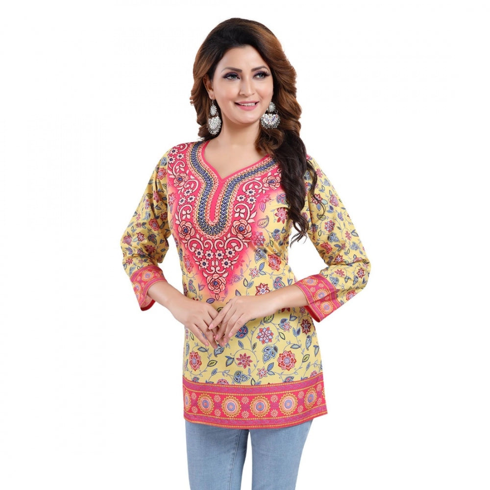 PKRKART Women's Quarter Sleeve Faux Crepe Printed Short Kurti Tunic Top (Color:Yellow)
