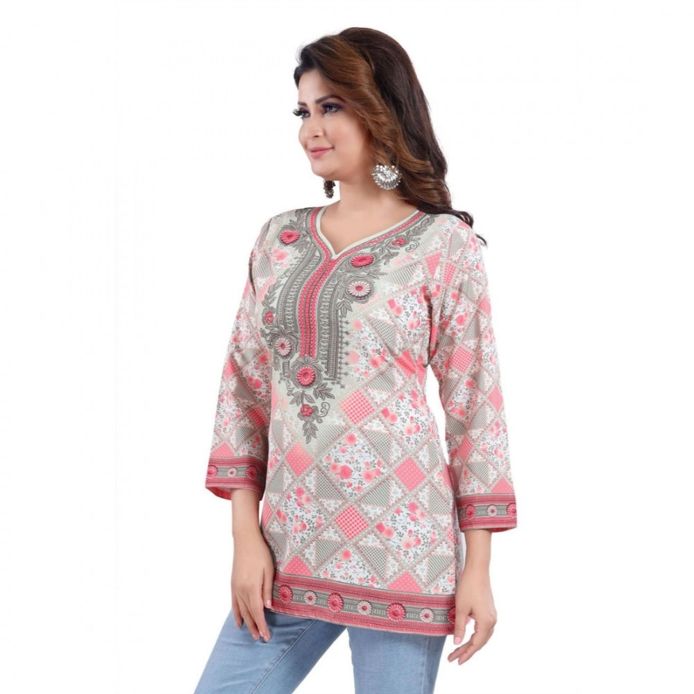 PKRKART Women's Quarter Sleeve Faux Crepe Printed Short Kurti Tunic Top (Color:Pink)
