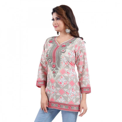 PKRKART Women's Quarter Sleeve Faux Crepe Printed Short Kurti Tunic Top (Color:Pink)