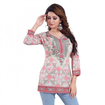 PKRKART Women's Quarter Sleeve Faux Crepe Printed Short Kurti Tunic Top (Color:Pink)
