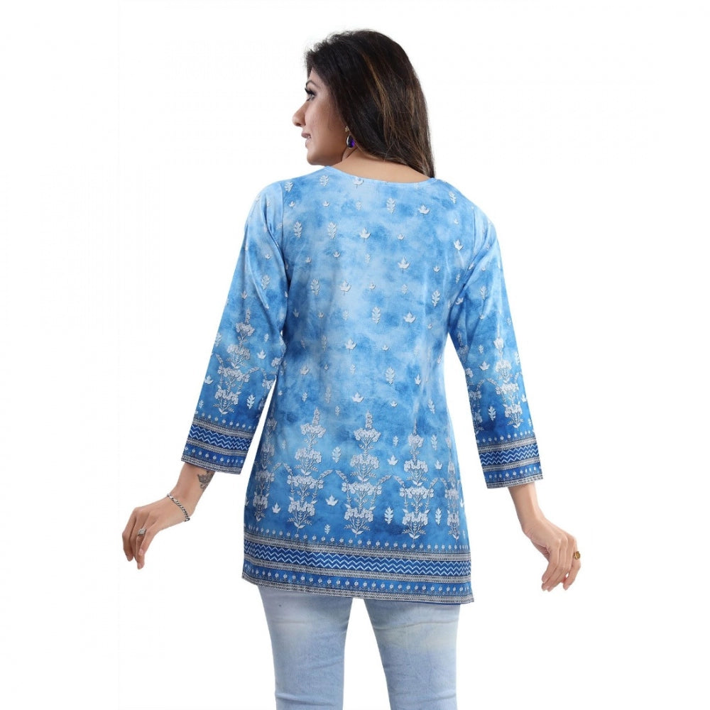 PKRKART Women's Quarter Sleeve Faux Crepe Printed Short Kurti Tunic Top (Color:Sky Blue)