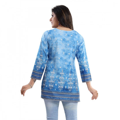 PKRKART Women's Quarter Sleeve Faux Crepe Printed Short Kurti Tunic Top (Color:Sky Blue)