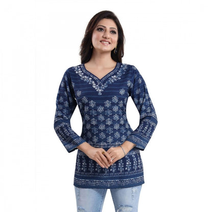 PKRKART Women's Quarter Sleeve Faux Crepe Printed Short Kurti Tunic Top (Color:Blue)