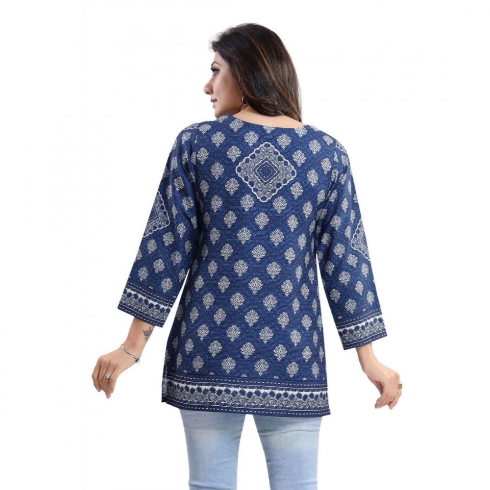 PKRKART Women's Quarter Sleeve Faux Crepe Printed Short Kurti Tunic Top (Color:Blue)