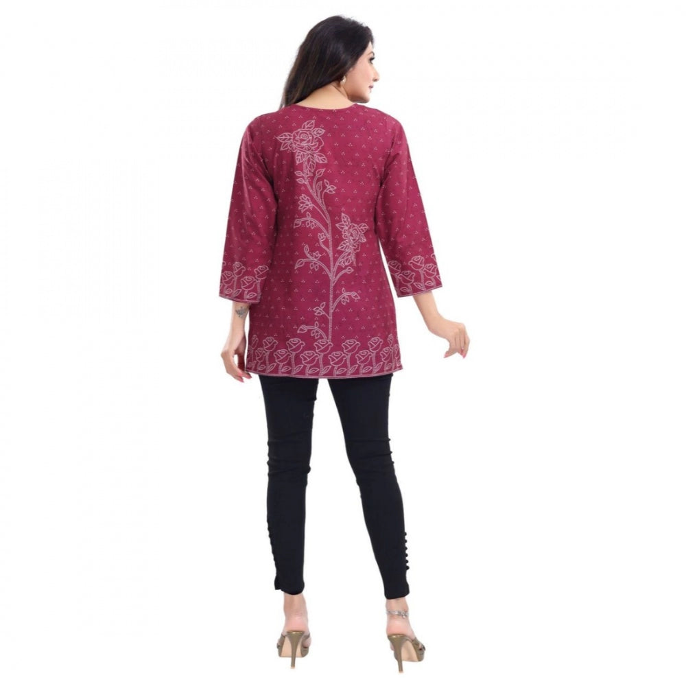 PKRKART Women's Quarter Sleeve Faux Crepe Printed Short Kurti Tunic Top (Color:Magenta)