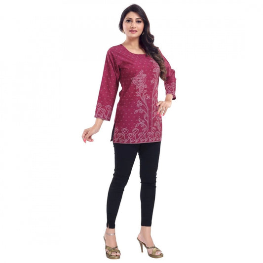 PKRKART Women's Quarter Sleeve Faux Crepe Printed Short Kurti Tunic Top (Color:Magenta)
