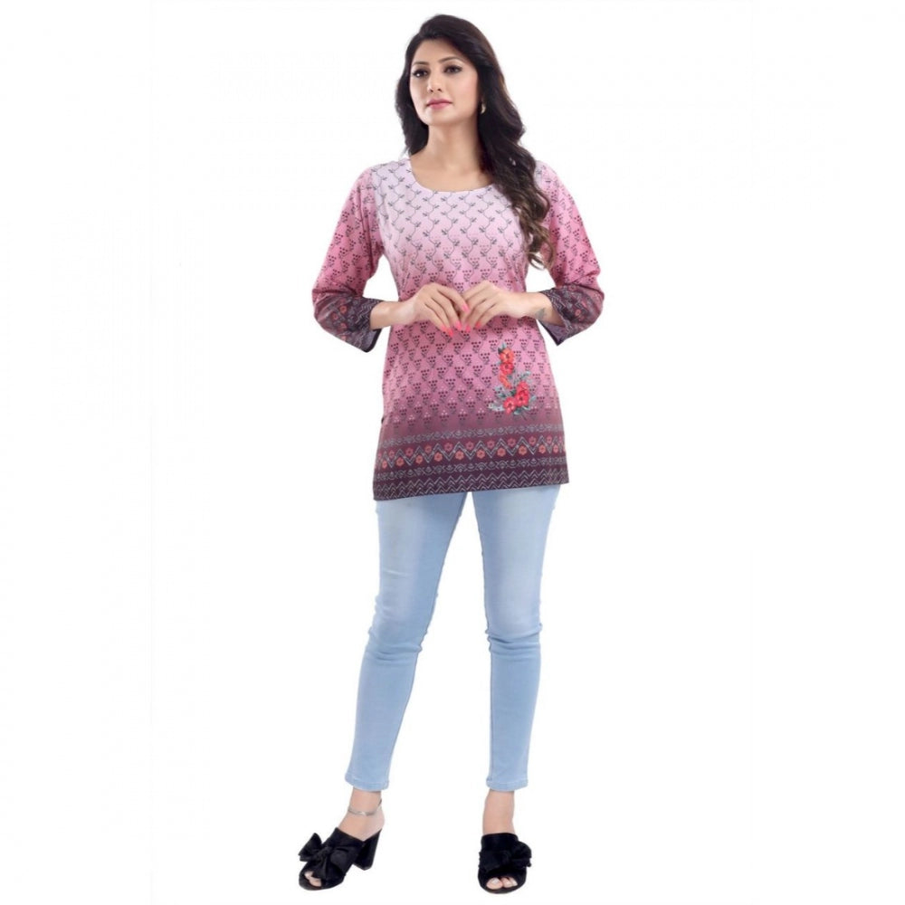 PKRKART Women's Quarter Sleeve Faux Crepe Printed Short Kurti Tunic Top (Color:Pink)