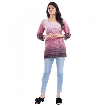 PKRKART Women's Quarter Sleeve Faux Crepe Printed Short Kurti Tunic Top (Color:Pink)