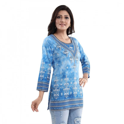 PKRKART Women's Quarter Sleeve Faux Crepe Printed Short Kurti Tunic Top (Color:Sky Blue)