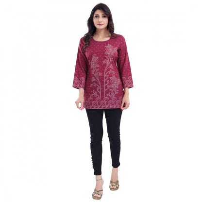 PKRKART Women's Quarter Sleeve Faux Crepe Printed Short Kurti Tunic Top (Color:Magenta)