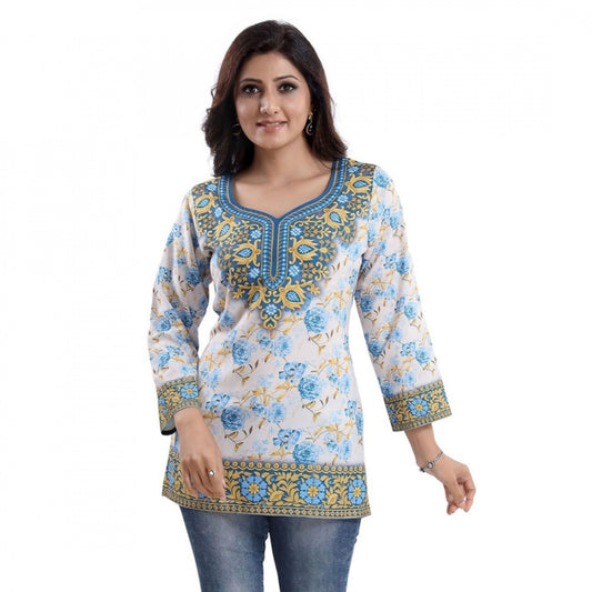 PKRKART Women's Quarter Sleeve Faux Crepe Printed Short Kurti Tunic Top (Color:White)