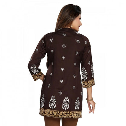 PKRKART Women's Quarter Sleeve Faux Crepe Printed Short Kurti Tunic Top (Color:Brown)