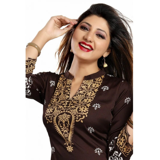 PKRKART Women's Quarter Sleeve Faux Crepe Printed Short Kurti Tunic Top (Color:Brown)