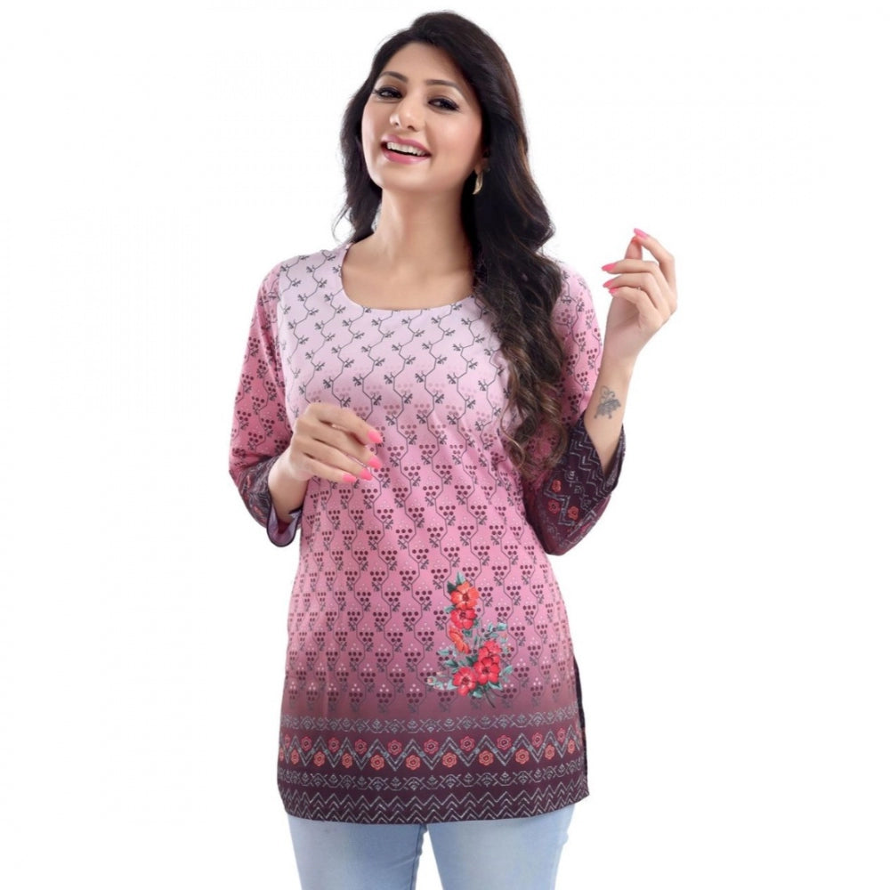 PKRKART Women's Quarter Sleeve Faux Crepe Printed Short Kurti Tunic Top (Color:Pink)