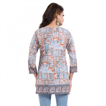 PKRKART Women's Quarter Sleeve Faux Crepe Printed Short Kurti Tunic Top (Color:Blue)