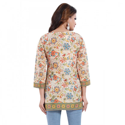 PKRKART Women's Quarter Sleeve Faux Crepe Printed Short Kurti Tunic Top (Color:Multicolor)