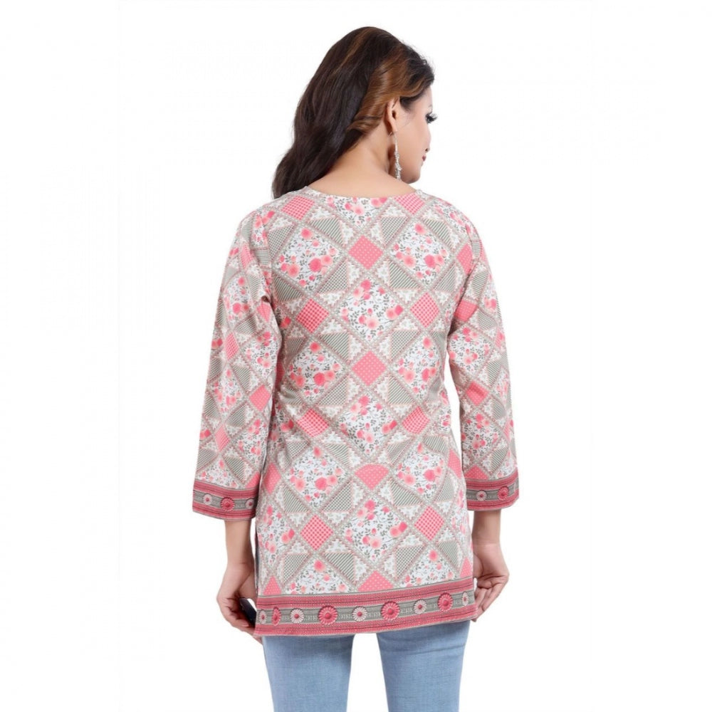 PKRKART Women's Quarter Sleeve Faux Crepe Printed Short Kurti Tunic Top (Color:Pink)