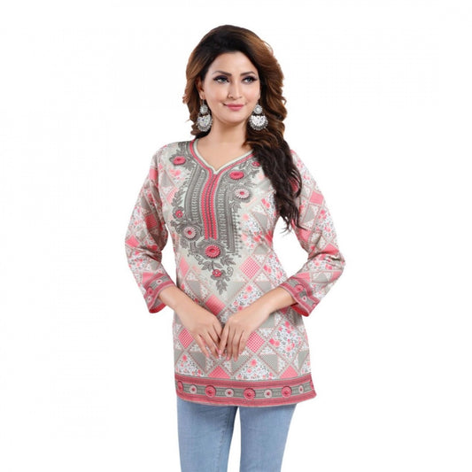 PKRKART Women's Quarter Sleeve Faux Crepe Printed Short Kurti Tunic Top (Color:Pink)