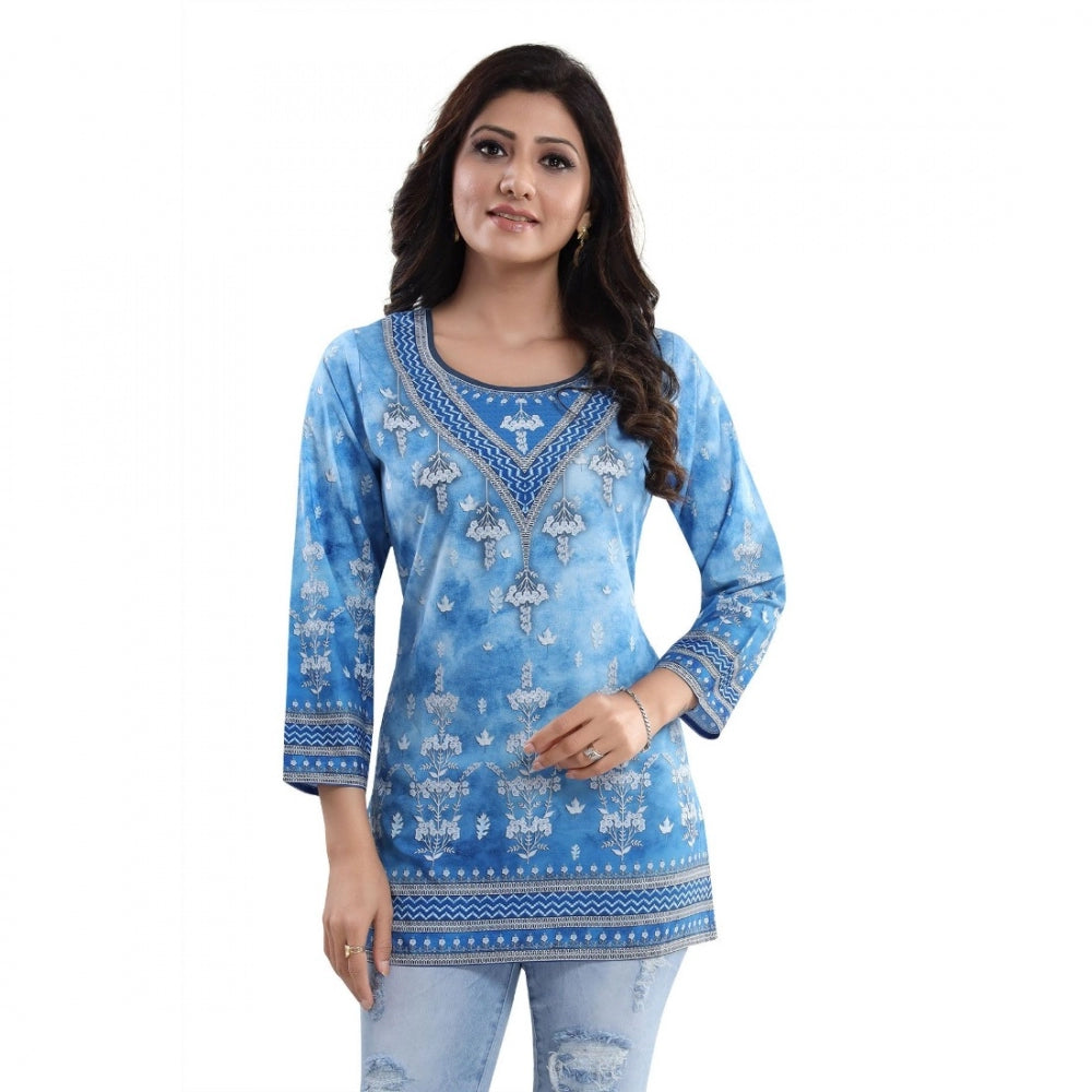 PKRKART Women's Quarter Sleeve Faux Crepe Printed Short Kurti Tunic Top (Color:Sky Blue)