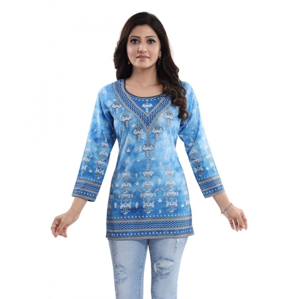 PKRKART Women's Quarter Sleeve Faux Crepe Printed Short Kurti Tunic Top (Color:Sky Blue)