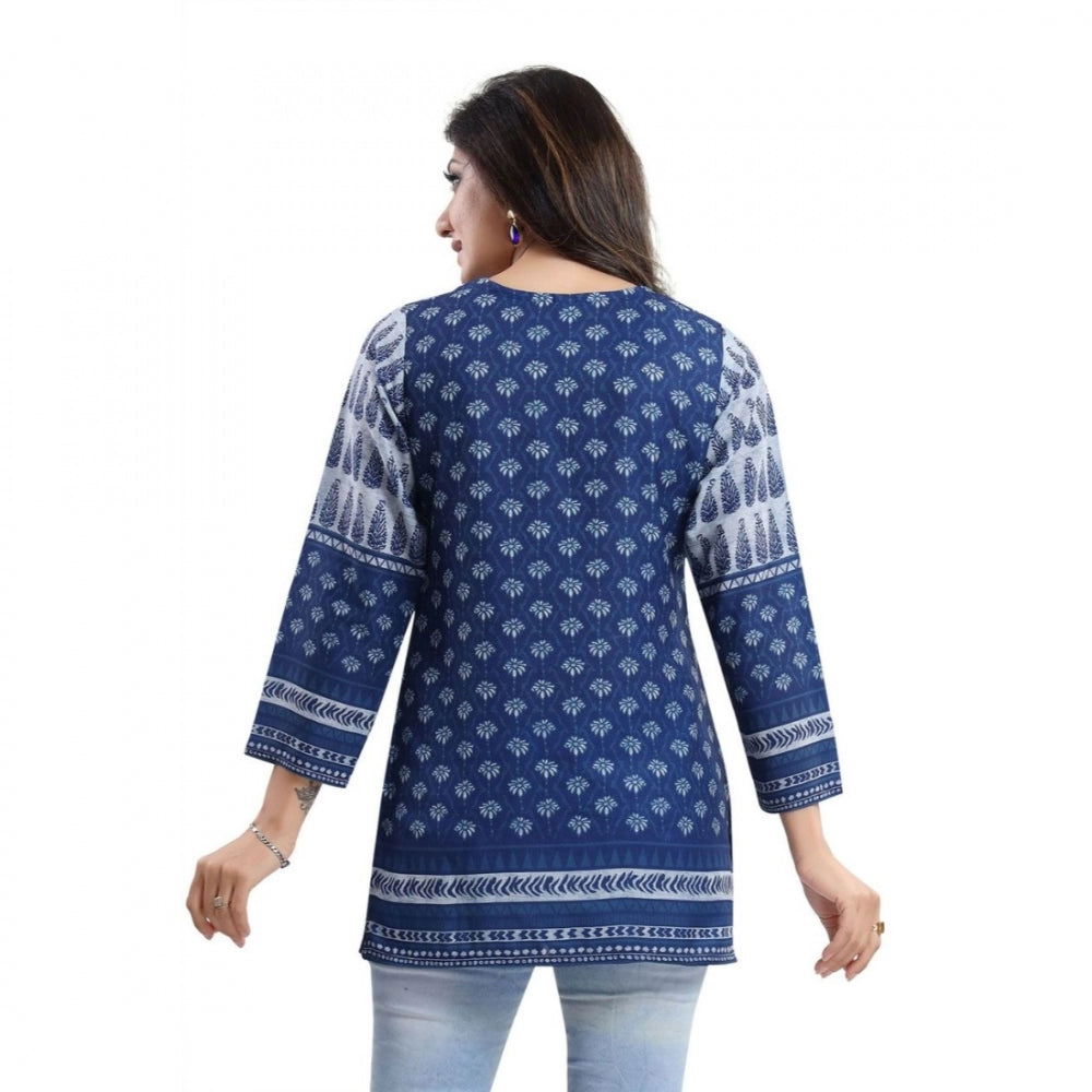 PKRKART Women's Quarter Sleeve Faux Crepe Printed Short Kurti Tunic Top (Color:Blue)
