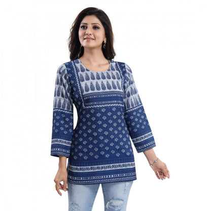 PKRKART Women's Quarter Sleeve Faux Crepe Printed Short Kurti Tunic Top (Color:Blue)