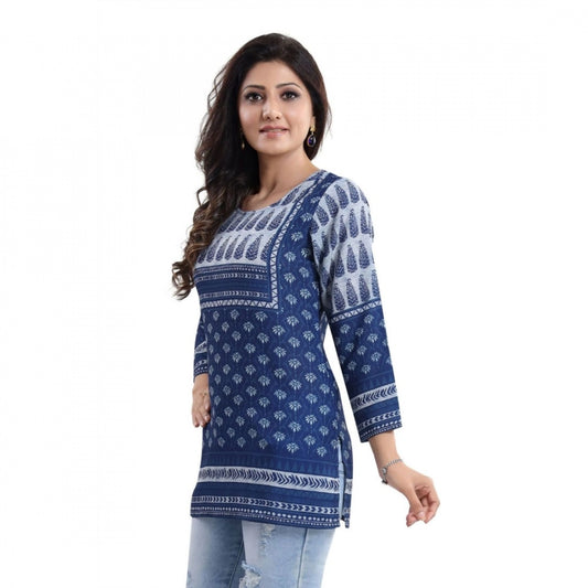 PKRKART Women's Quarter Sleeve Faux Crepe Printed Short Kurti Tunic Top (Color:Blue)