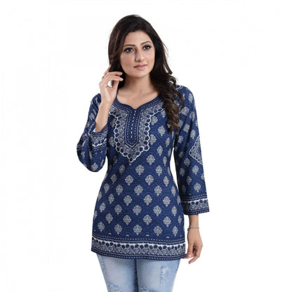 PKRKART Women's Quarter Sleeve Faux Crepe Printed Short Kurti Tunic Top (Color:Blue)
