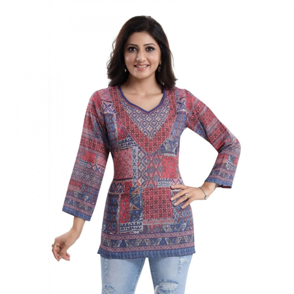PKRKART Women's Quarter Sleeve Faux Crepe Printed Short Kurti Tunic Top (Color:Multicolor)