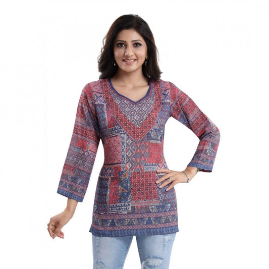 PKRKART Women's Quarter Sleeve Faux Crepe Printed Short Kurti Tunic Top (Color:Multicolor)