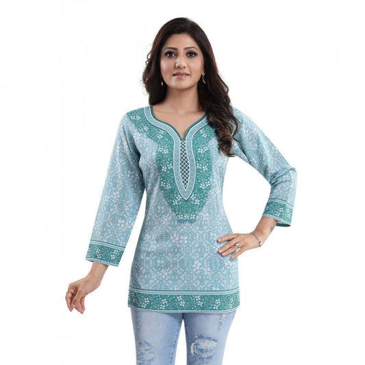 PKRKART Women's Quarter Sleeve Faux Crepe Printed Short Kurti Tunic Top (Color:Blue)