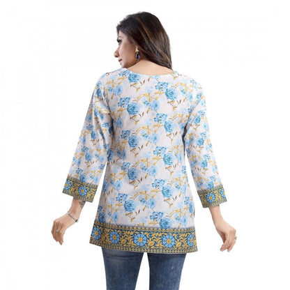 PKRKART Women's Quarter Sleeve Faux Crepe Printed Short Kurti Tunic Top (Color:White)