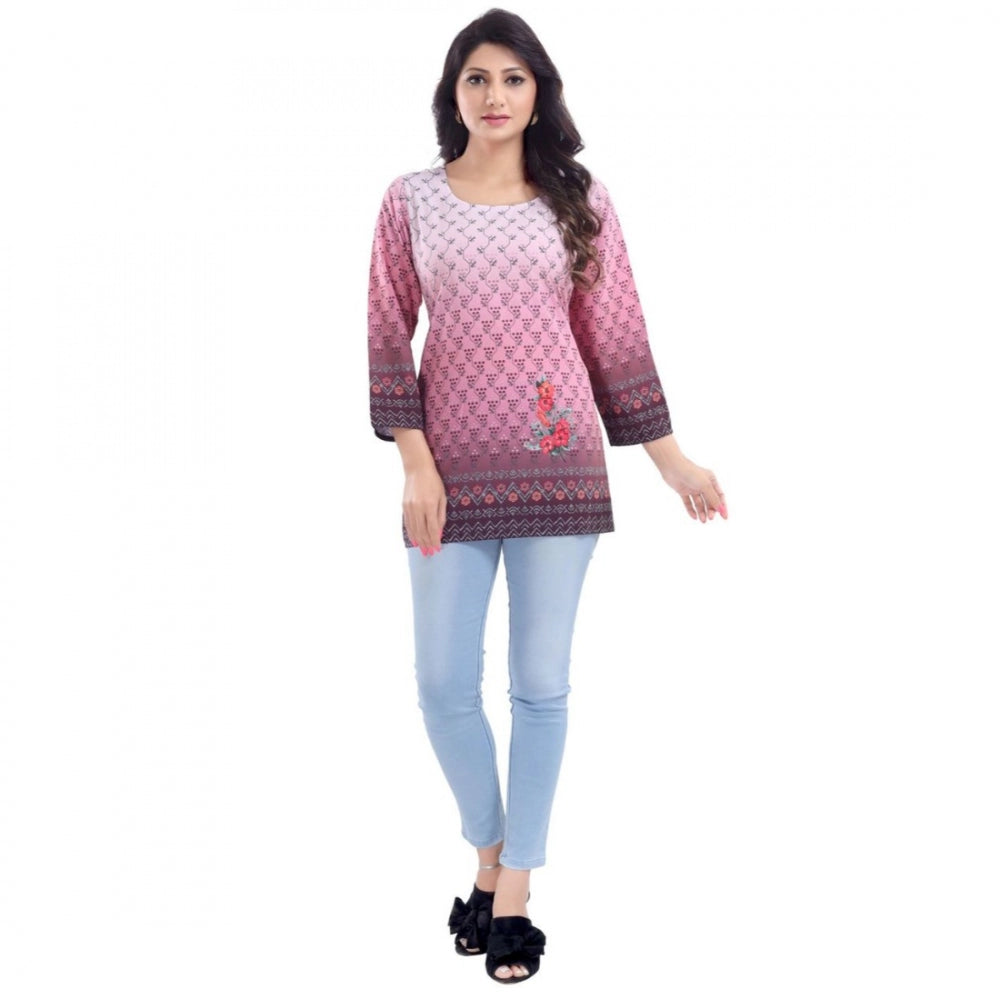 PKRKART Women's Quarter Sleeve Faux Crepe Printed Short Kurti Tunic Top (Color:Pink)