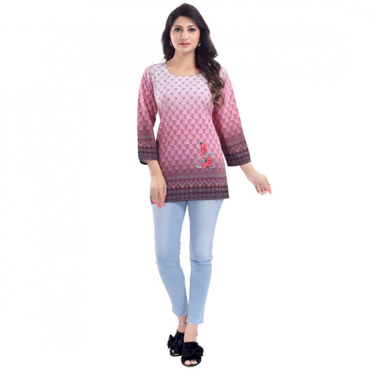 PKRKART Women's Quarter Sleeve Faux Crepe Printed Short Kurti Tunic Top (Color:Pink)