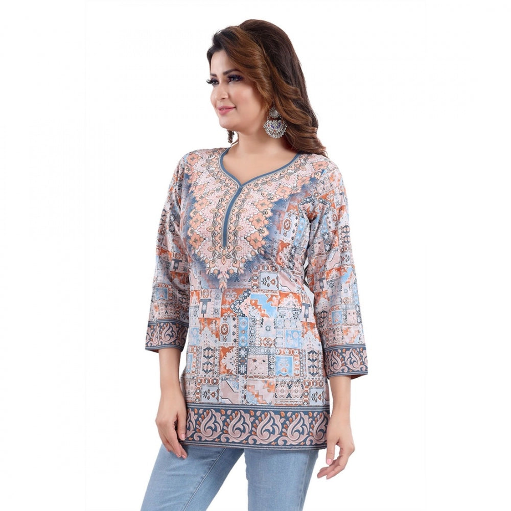 PKRKART Women's Quarter Sleeve Faux Crepe Printed Short Kurti Tunic Top (Color:Blue)