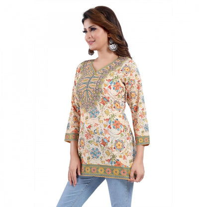 PKRKART Women's Quarter Sleeve Faux Crepe Printed Short Kurti Tunic Top (Color:Multicolor)