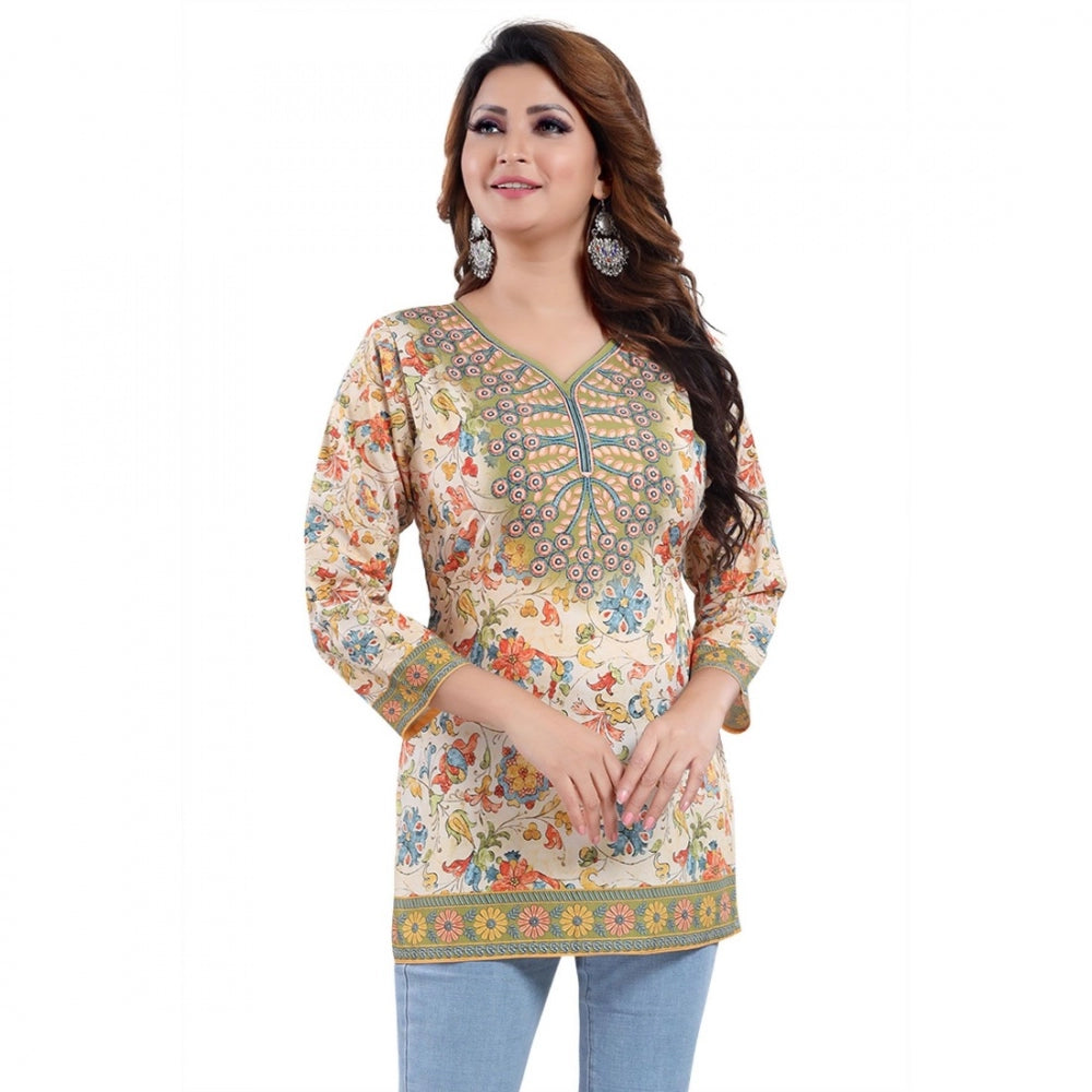 PKRKART Women's Quarter Sleeve Faux Crepe Printed Short Kurti Tunic Top (Color:Multicolor)