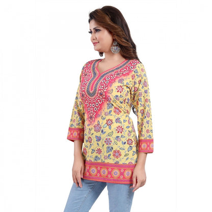 PKRKART Women's Quarter Sleeve Faux Crepe Printed Short Kurti Tunic Top (Color:Yellow)