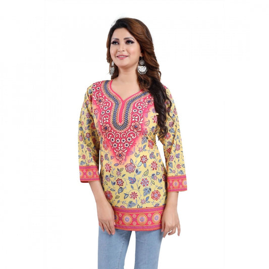 PKRKART Women's Quarter Sleeve Faux Crepe Printed Short Kurti Tunic Top (Color:Yellow)