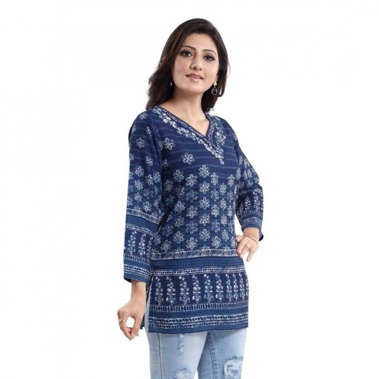 PKRKART Women's Quarter Sleeve Faux Crepe Printed Short Kurti Tunic Top (Color:Blue)
